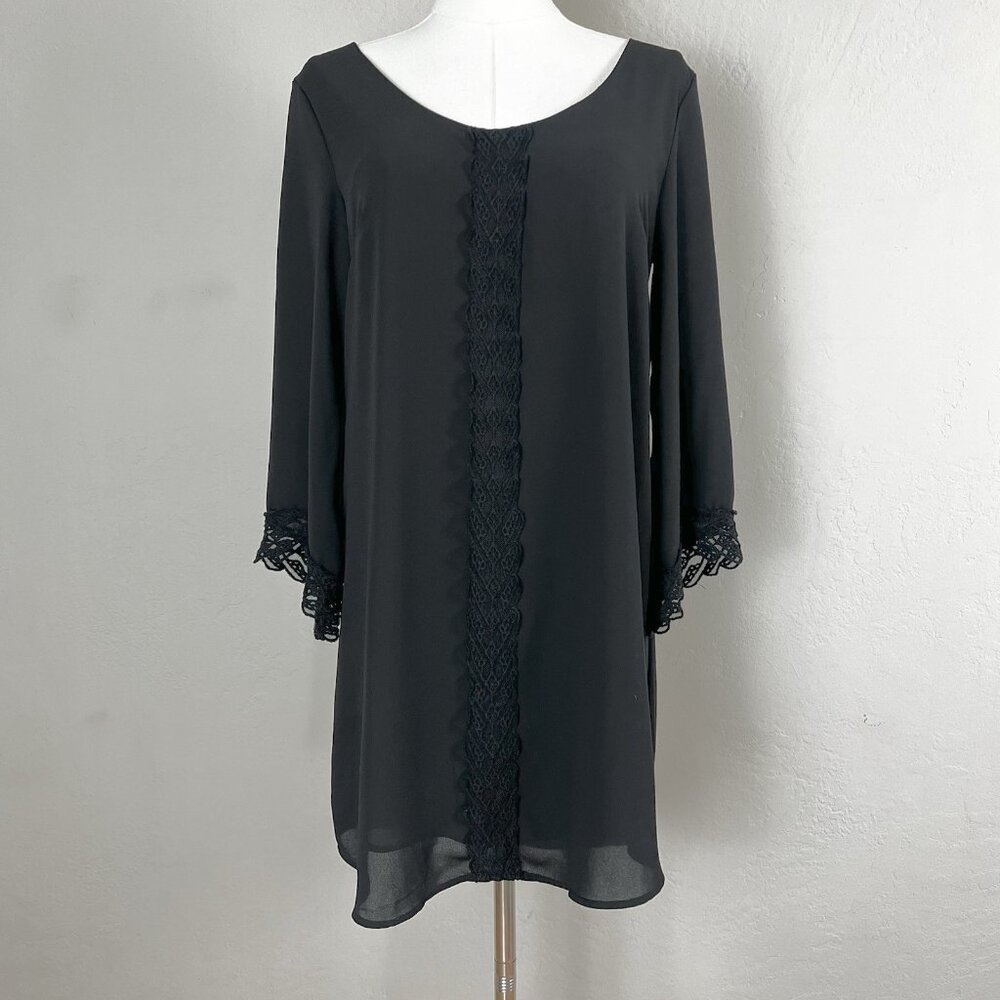 ASTR The Label Size Small Black Lace Trim Shift Dress Mini Chiffon‎ 3/4 Sleeve
